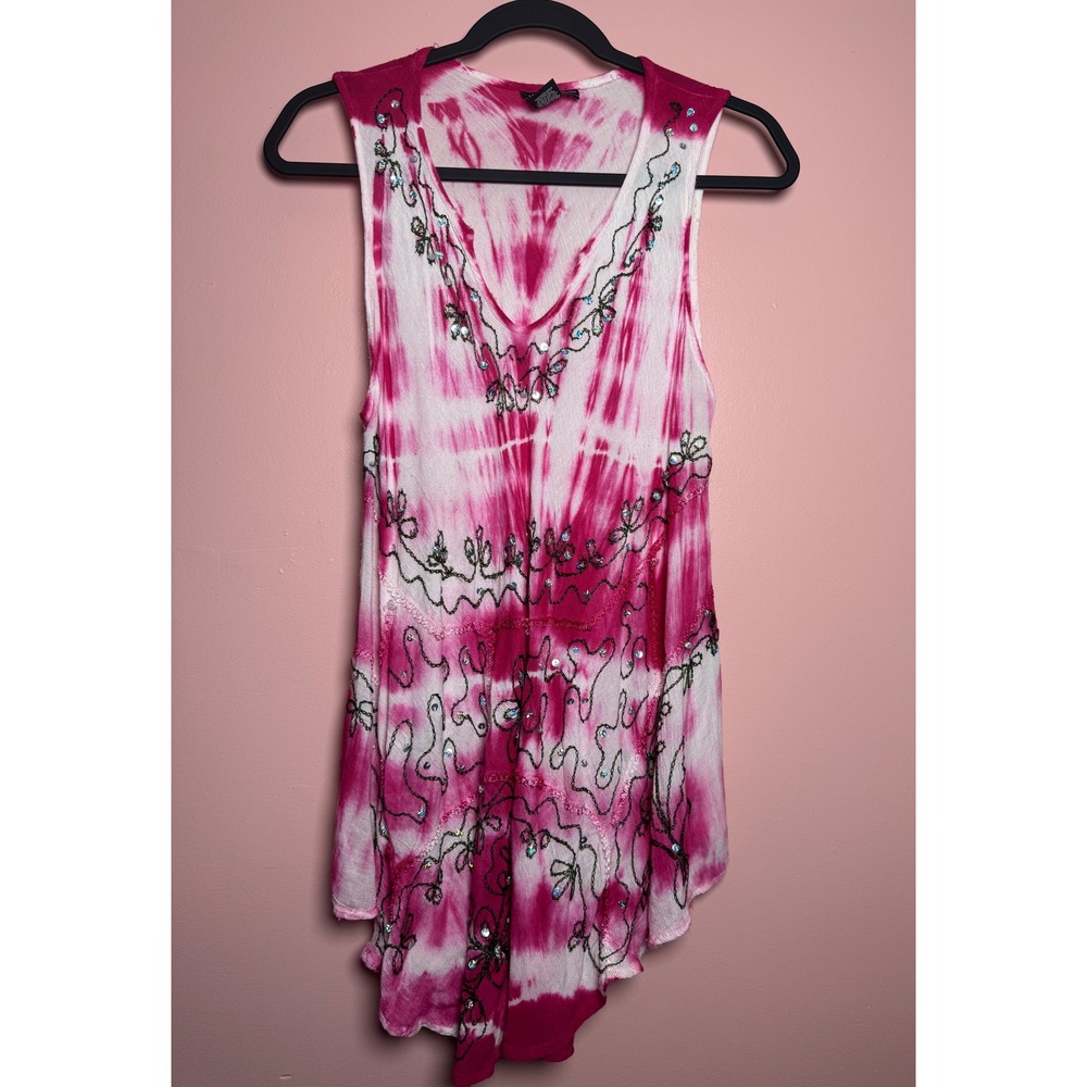 Naina's Dream Tunic Top Women 1X Pink Tie Dye Excellent Rhinestone Embroidered